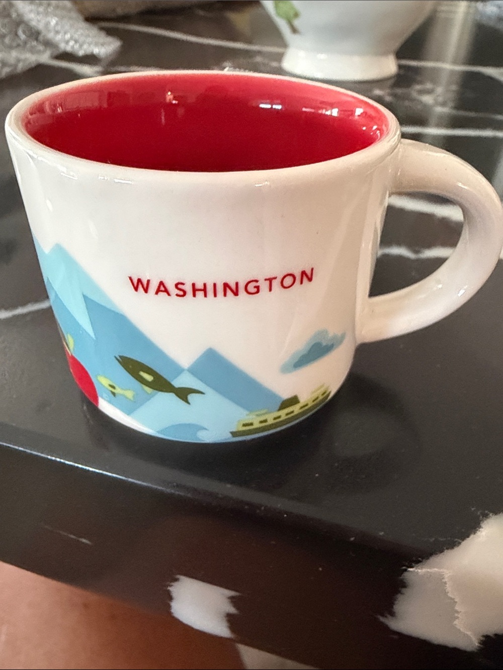 Starbucks White Washington Mug with Red Interior and Blue Graphics